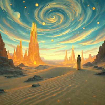The primary subject of the image is a woman walking in a desert-like environment. The setting includes a sky filled with stars, and the background features a series of tall towers or buildings. The visual style appears to be a digital art or illustration, creating a surreal and dreamy atmosphere. The colors in the image are predominantly warm and earthy tones, such as oranges, yellows, and browns, which contribute to the overall mood of the scene.